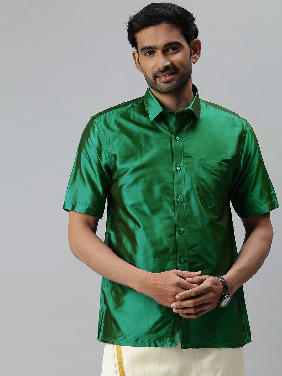 Mens Silk Feel Dark Green Half Sleeves Shirt SFC06 – Desify
