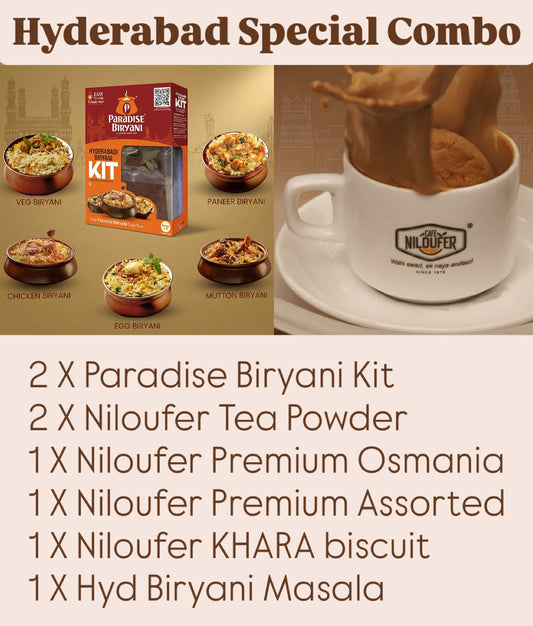 Hyderabad Signature Combo – Biryani Kit, Niloufer Tea, Osmania & Assorted, khara biscuit | Hyderabadi Special Pack
