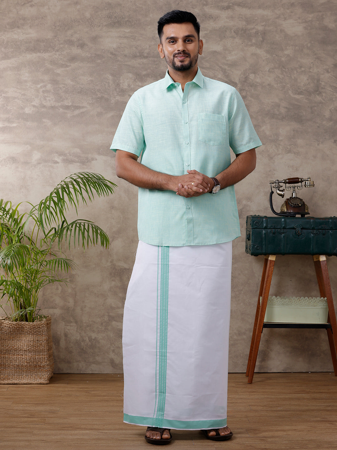 Mens Matching Border Dhoti Shirt Set Half Light Pista Green C83