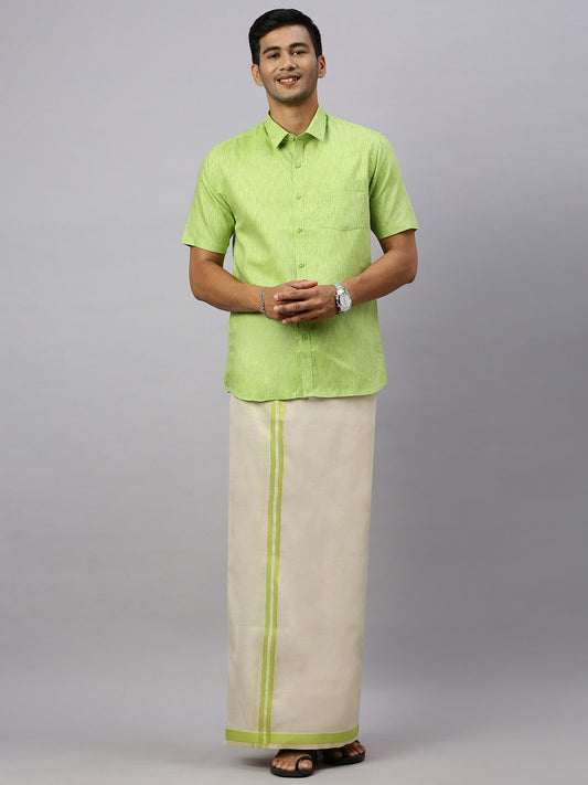 Mens Macho Lite Green Colour Shirt & Matching Border Tissue Dhoti Set CCB
