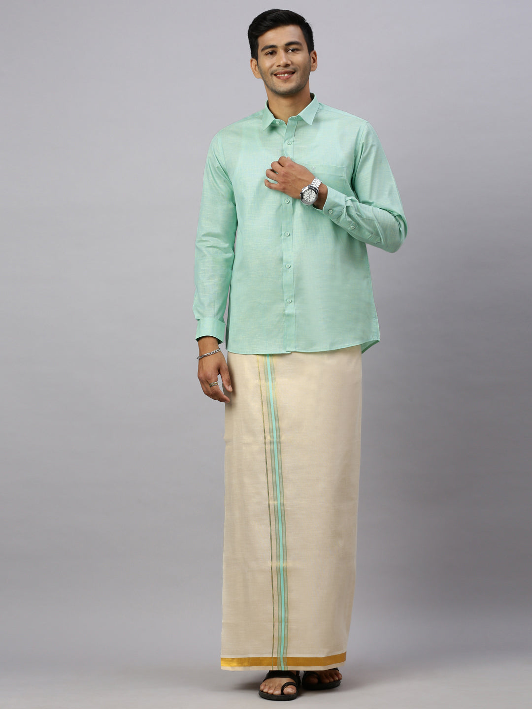 Mens Macho Mint Green Colour Shirt Matching Border Tissue Dhoti