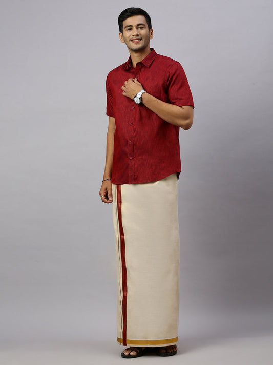Mens Macho Marron Colour Shirt & Matching Border Tissue Dhoti Set CCB