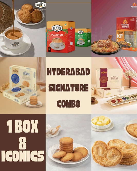 Hyderabad Signature Combo – Biryani Kit, Niloufer Tea, Osmania & Assorted, khara biscuit | Hyderabadi Special Pack