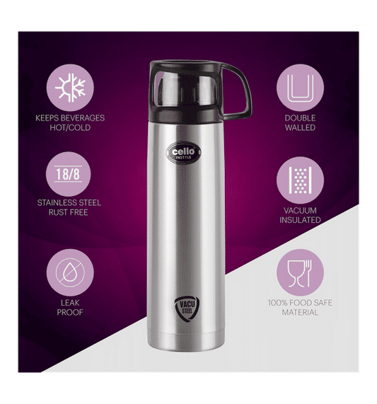 Cello Stainless Steel Flask With Cup & Jacket ( Instyle Vaccum Insulated, 1Litre, Black)