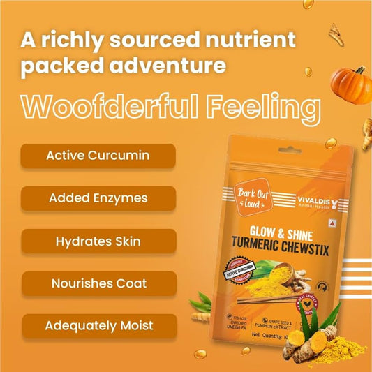 Glow & Shine Turmeric Chew sticks - Fresh Chicken Stick Cat & Dog Treats with Pumpkin & Grape Seed Extract for Shiny Skin & Coat- Dogs & Cats of All Life Stages