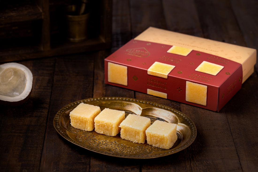 Coconut Kaland - Longer Shelf Life (MAP) - Long Lasting Mithai - Buy Online from Almond House | Desify
