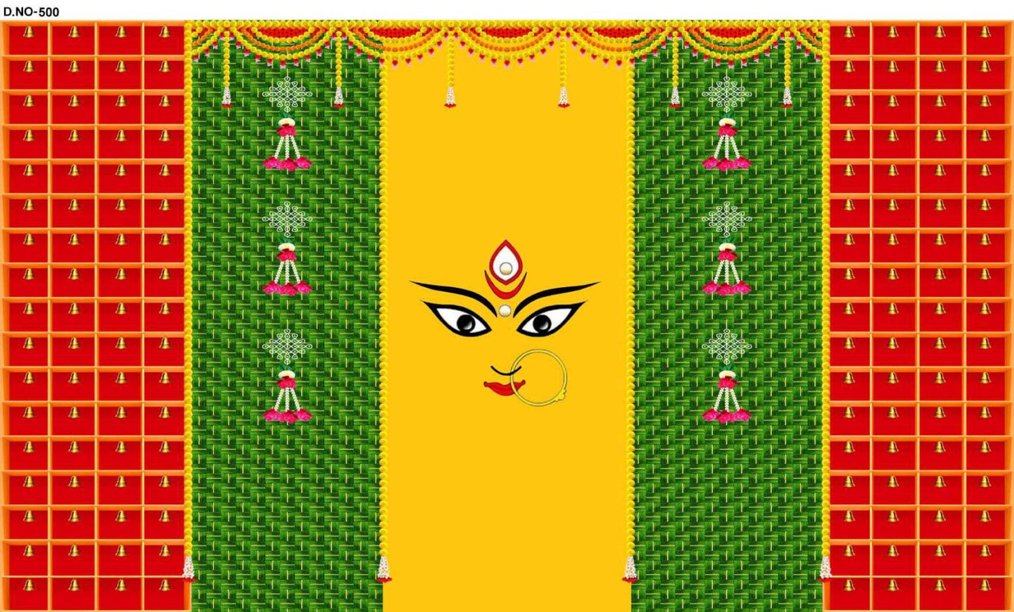 Durga Face on Green Coconut Leaf and Hanging Bells Design Backdrop