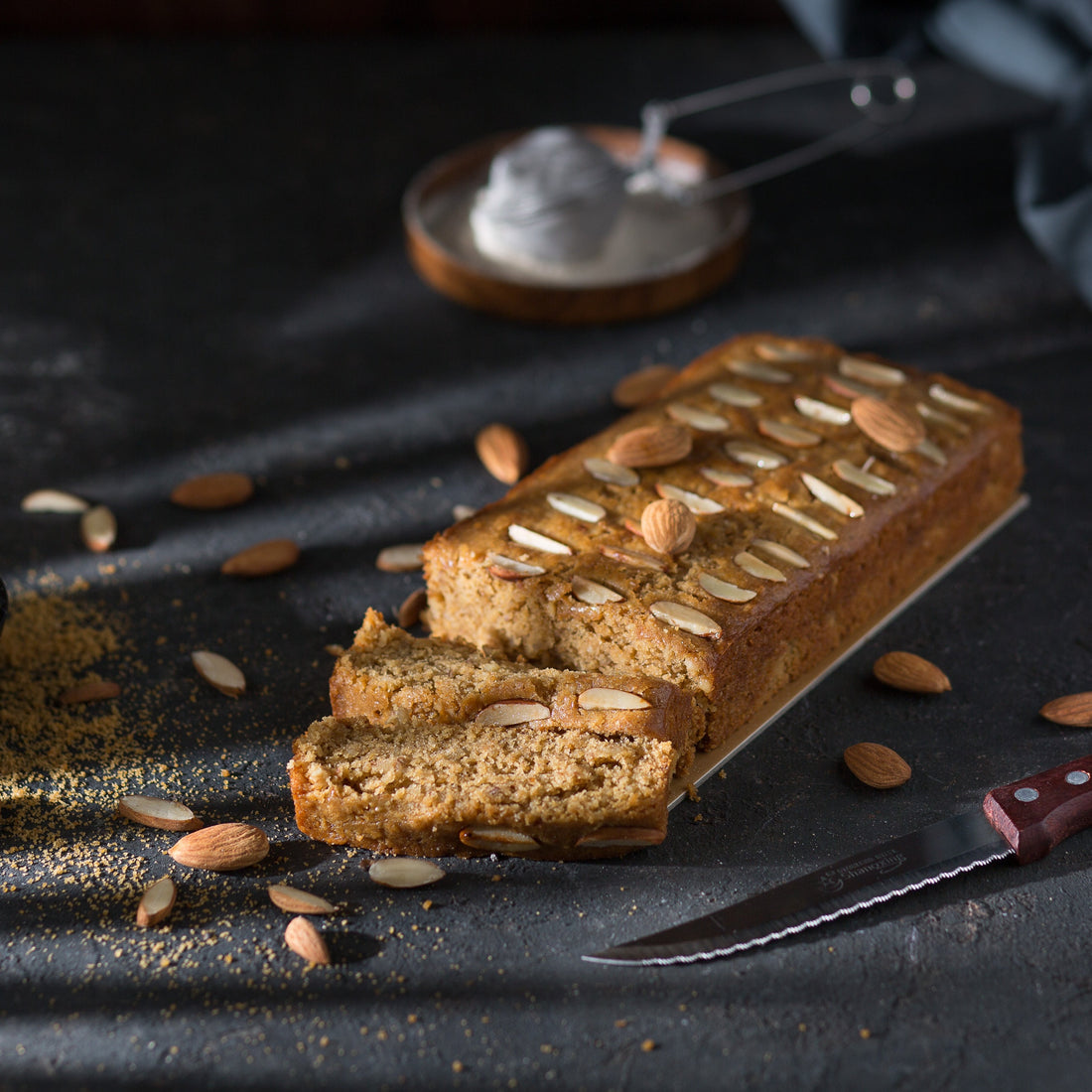 WHOLE WHEAT JAGGERY CAKE WITH ALMONDS