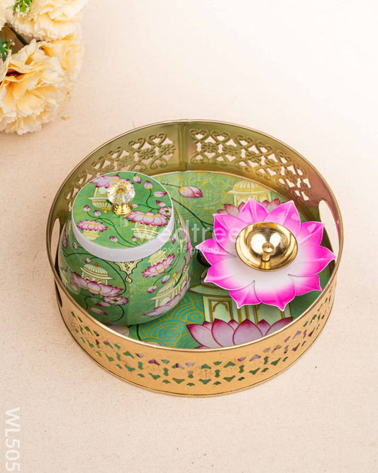 MUGAL ART THEMED METAL TRAY WITH DRY FRUIT JAR AND DIYA SET
