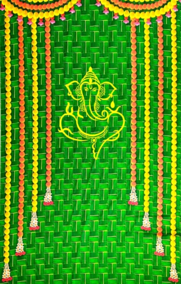 Ganesh on Green Coconut Leaf and Marigold Flowers Design Backdrop (5x8 Ft)