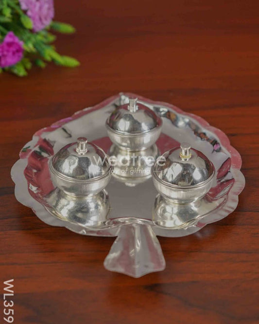 GERMAN SILVER LEAF SHAPED HALDI/KUMKUM HOLDER WITH 3 CUPS