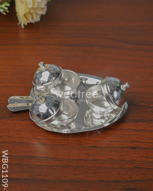 GERMAN SILVER APPLE SHAPED HALDI/KUMKUM HOLDER WITH 3 CUPS
