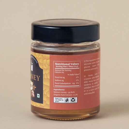 Tulsi Honey (250gm). Processed and filtered. Honey mixed with Tulsi extracts. High in medicinal value. Suggested for cold related symptoms. Good for Immunity.
