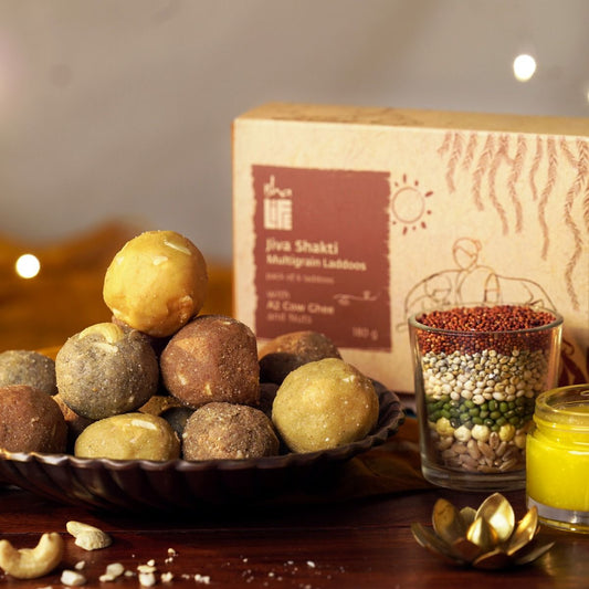 A2 Ghee Jiva Shakti Laddoos with Nuts (180g). Pack of 6. Millet and Multi-Grain Laddoo with Goodness of A2 Cow Ghee and Nuts