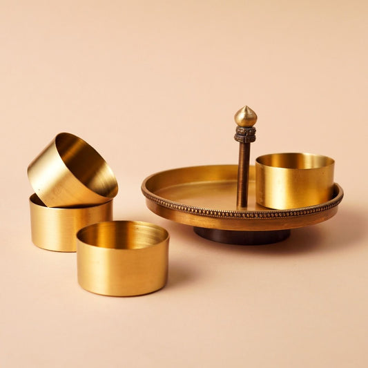 Brass Condiment Serving Tray with Four Bowls