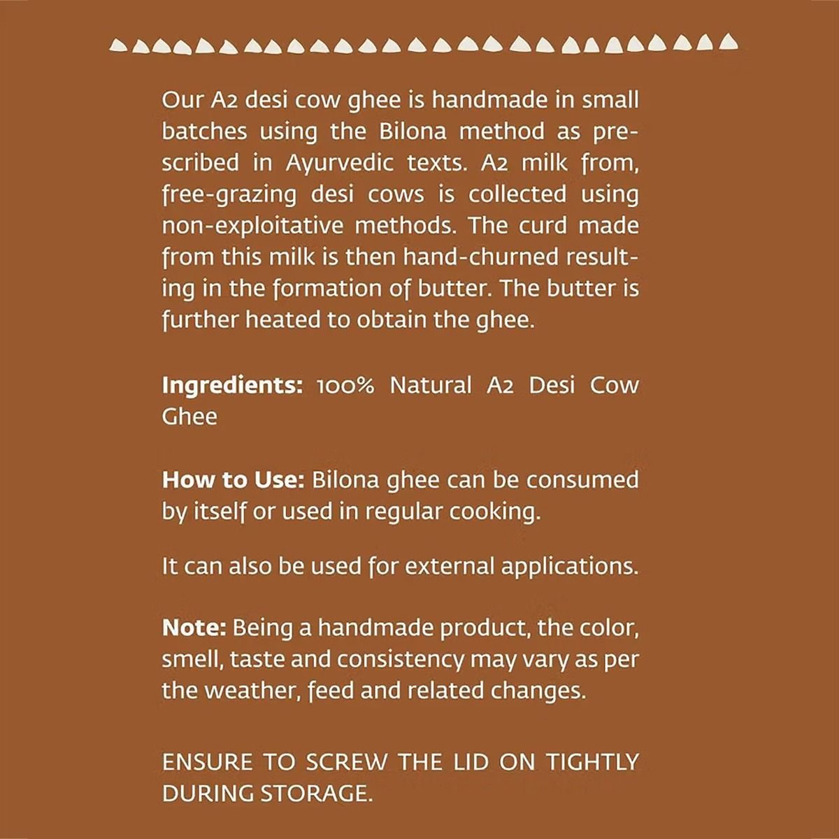 Pure A2 Desi Cow Ghee(250gm). Made traditionally from curd. Made from grass-fed free grazing desi cows' milk. Extracted using non-exploitative methods. Bilona ghee