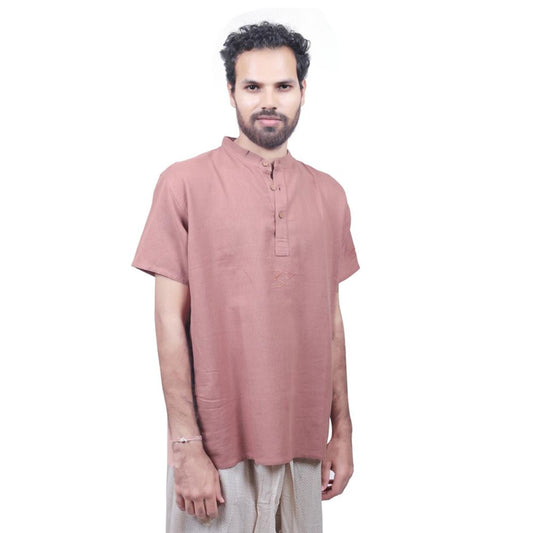 MenÕs 100% organic cotton kurta with embroidered (Brick) "Aum". Short sleeved short kurta. Relaxed fit. GOTS Certified