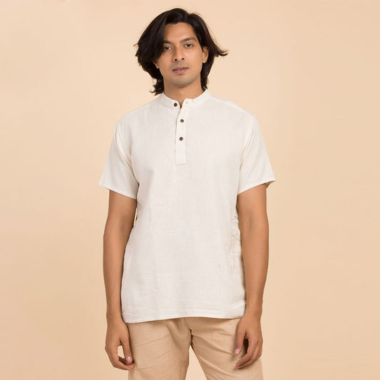 MenÕs 100% organic cotton kurta with embroidered (Off - White) "Aum". Short sleeved short kurta. Relaxed fit. GOTS Certified