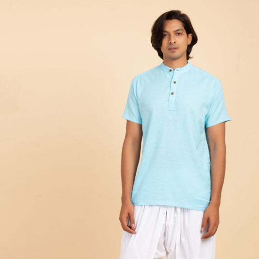MenÕs 100% organic cotton kurta with embroidered (Sky) "Aum". Short sleeved short kurta. Relaxed fit. GOTS Certified