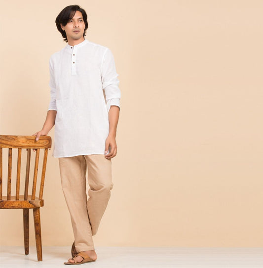 Isha Life MenÕs Cotton Hemp Kurta. Solid white. Full sleeves. Minimalist design. Natural fibers.