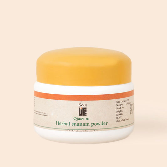 Ojasvini traditional herbal snanam powder. IshaÕs unique Siddha formulation. Non-toxic bath powder. Cleansing, exfoliating, rejuvenating (100 gms)