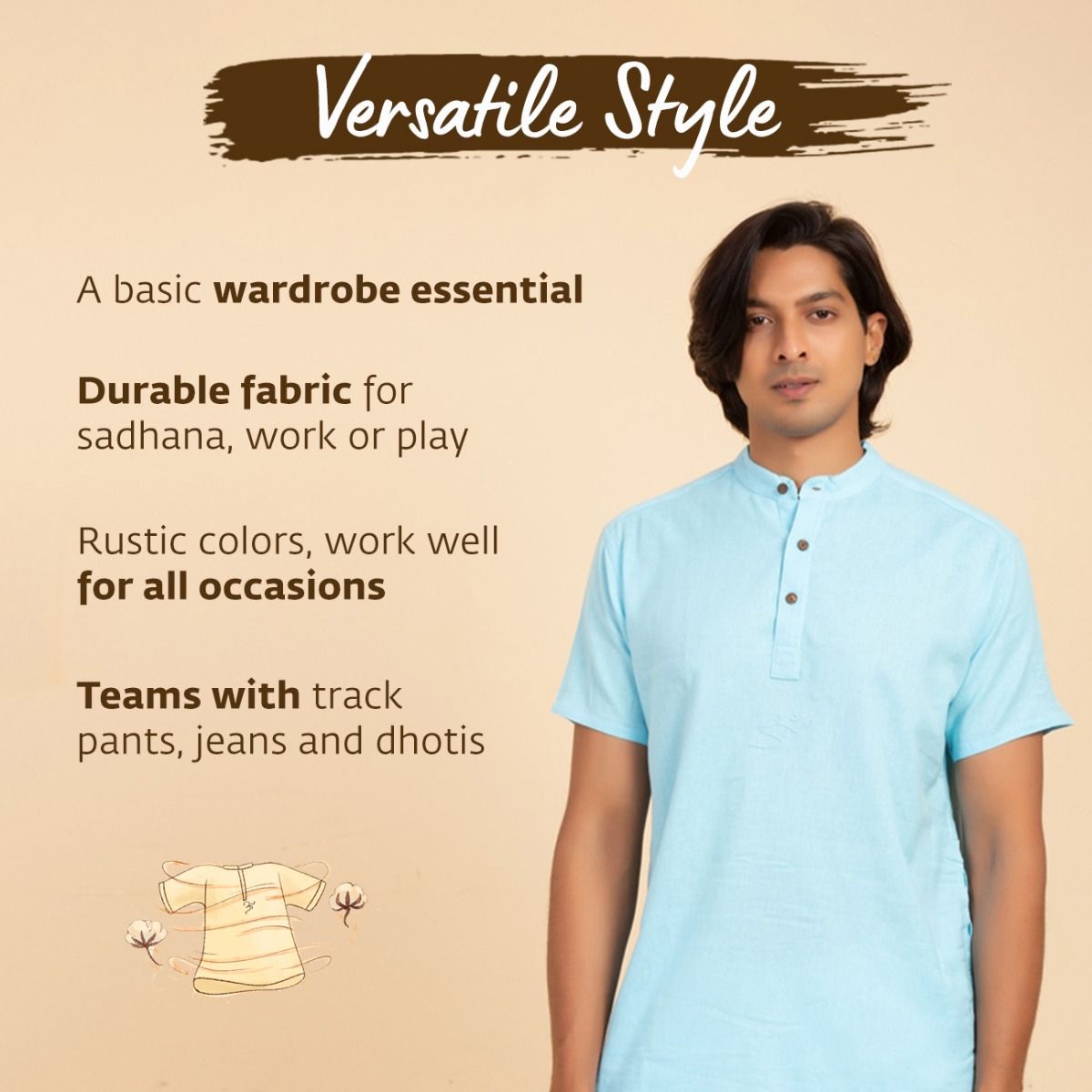 MenÕs 100% organic cotton kurta with embroidered (White) "Aum". Short sleeved short kurta. Relaxed fit. GOTS Certified