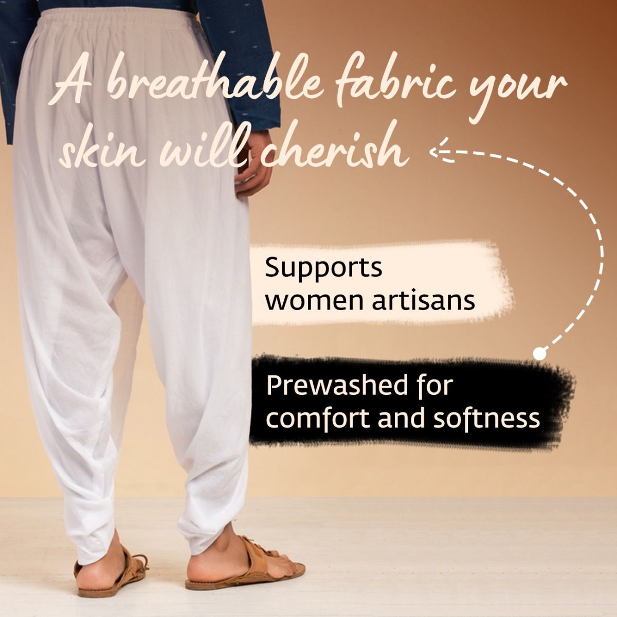 IshaÕs signature. Ready to wear Unisex Dhoti Pants - half moon printed (Khaki) / Panchakacham. Easy to pull on. Versatile. Comfortable for both casual and formal wear.