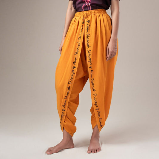 Unisex Printed Dhoti Pant With Aum Namah Shivaya Printed Border - Orange