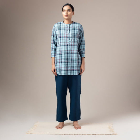 Yarn Dyed Crinkled Madras Check Womens Shirt - Pale Blue