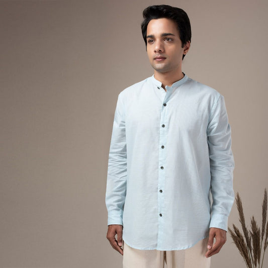 Fine Cotton Lightweight Houndstooth Shirt - Sky