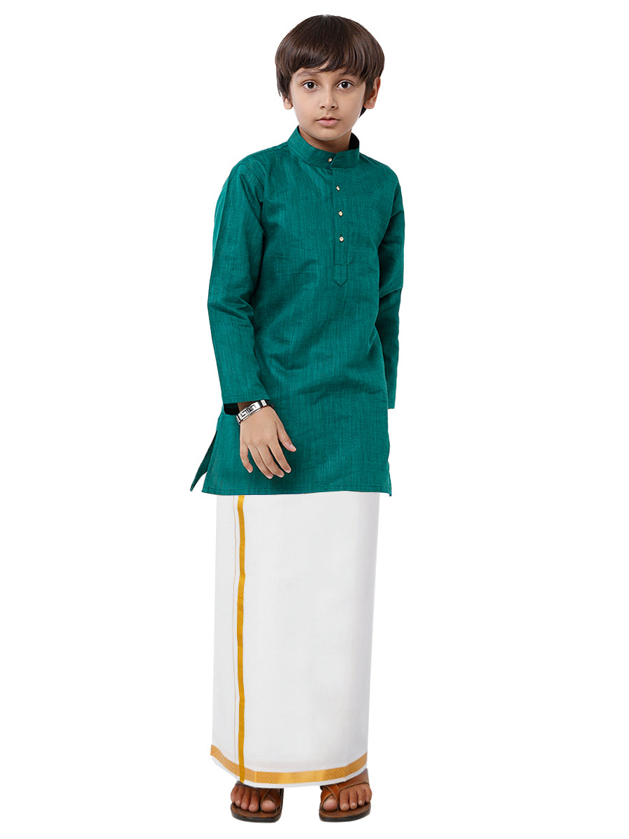 Like Father Like Son Dark Green Kurta and Gold Jari White Dhoti Combo FS5