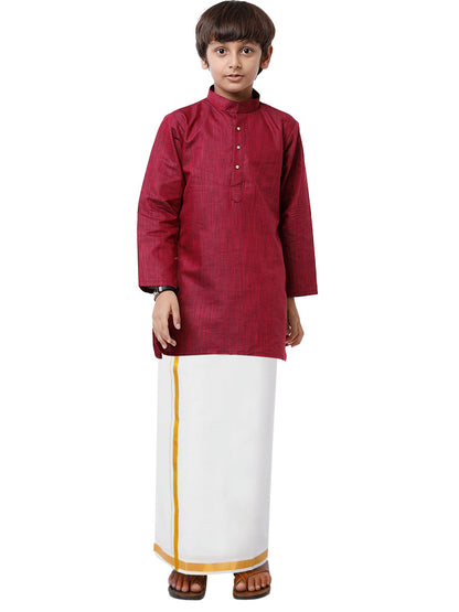 Like Father Like Son Maroon Kurta and Gold Jari White Dhoti Combo FS7