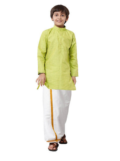 Like Father Like Son Parrot Green Kurta and Gold Jari White Dhoti Combo FS2