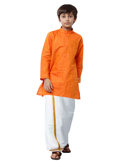 Like Father Like Son Orange Kurta and Gold Jari White Dhoti Combo FS3