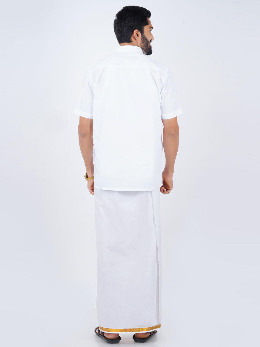 Mens White Half Sleeves Shirt & Single Dhoti with Gold Jari Combo