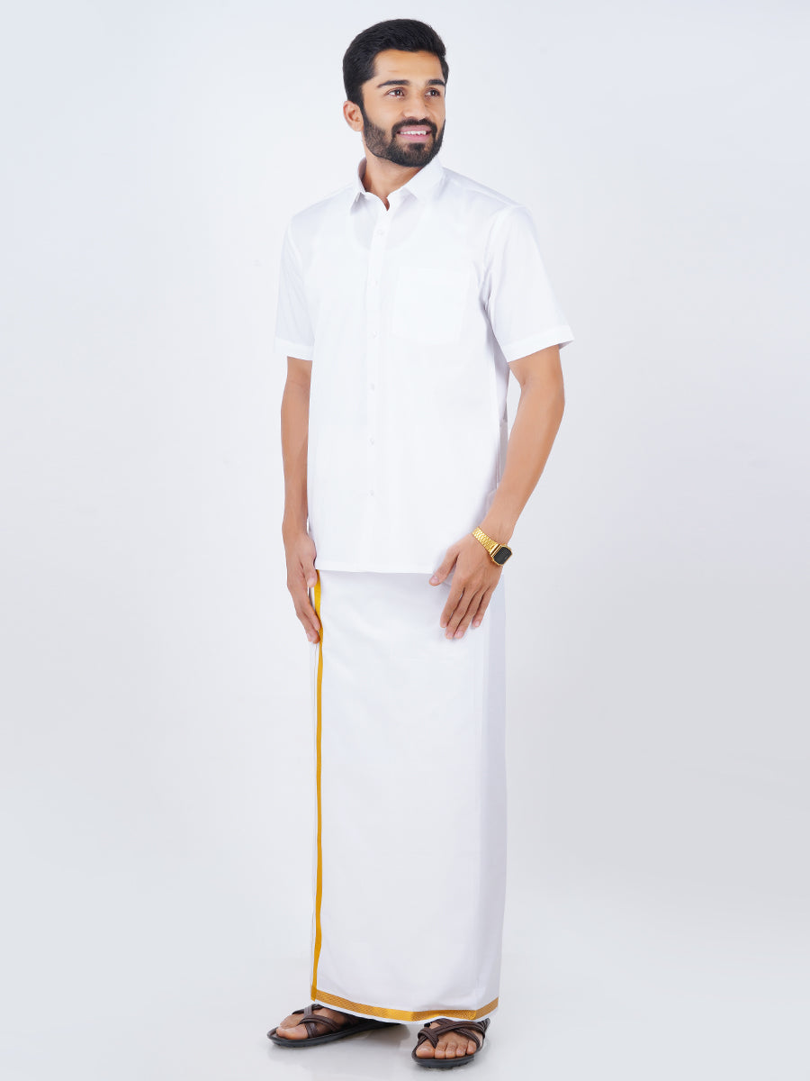 Mens White Half Sleeves Shirt & Single Dhoti with Gold Jari Combo