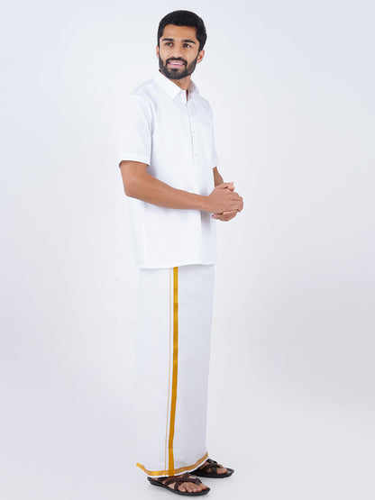 Mens White Half Sleeves Shirt & Single Dhoti with Gold Jari Combo