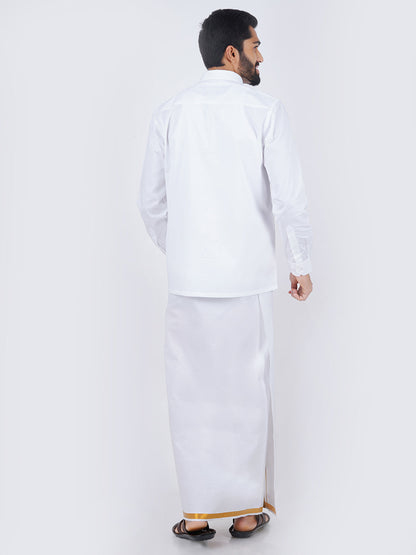 Mens White Full Sleeves Shirt & Single Dhoti with Gold Jari Combo