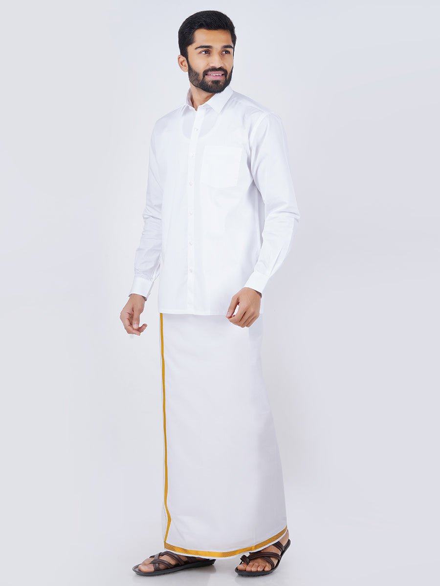 Mens White Full Sleeves Shirt & Single Dhoti with Gold Jari Combo