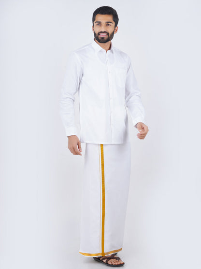 Mens White Full Sleeves Shirt & Single Dhoti with Gold Jari Combo