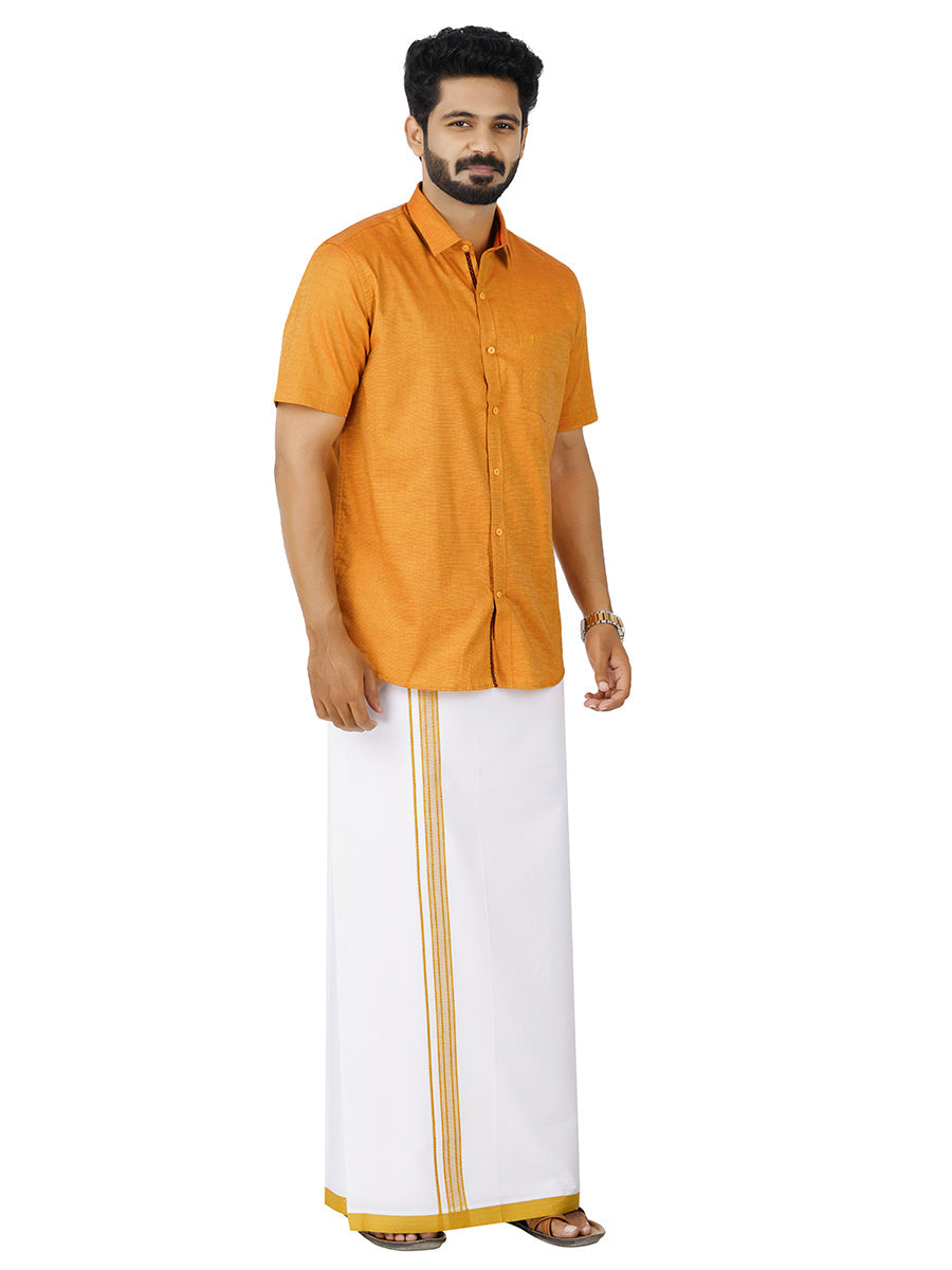 Mens Cotton Matching Border Dhoti & Half Sleeves Shirt Golden Set GL7