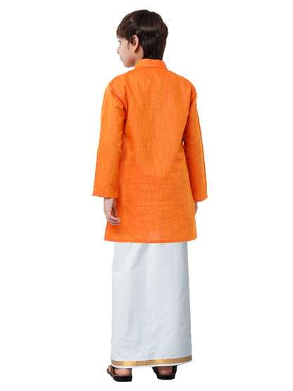 Like Father Like Son Orange Kurta and Gold Jari White Dhoti Combo FS3