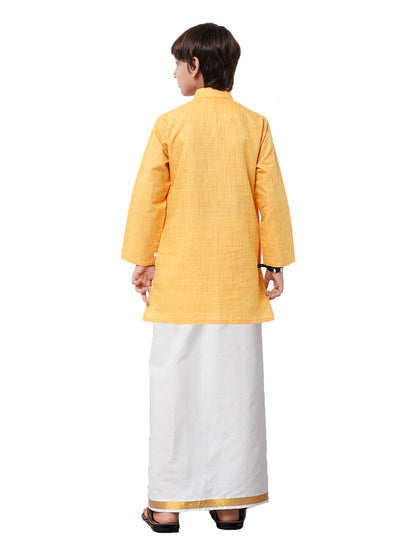 Like Father Like Son Yellow Kurta and Gold Jari White Dhoti Combo FS1