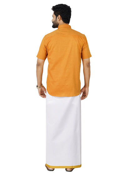 Mens Cotton Matching Border Dhoti & Half Sleeves Shirt Golden Set GL7