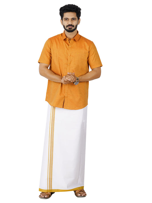 Mens Cotton Matching Border Dhoti & Half Sleeves Shirt Golden Set GL7