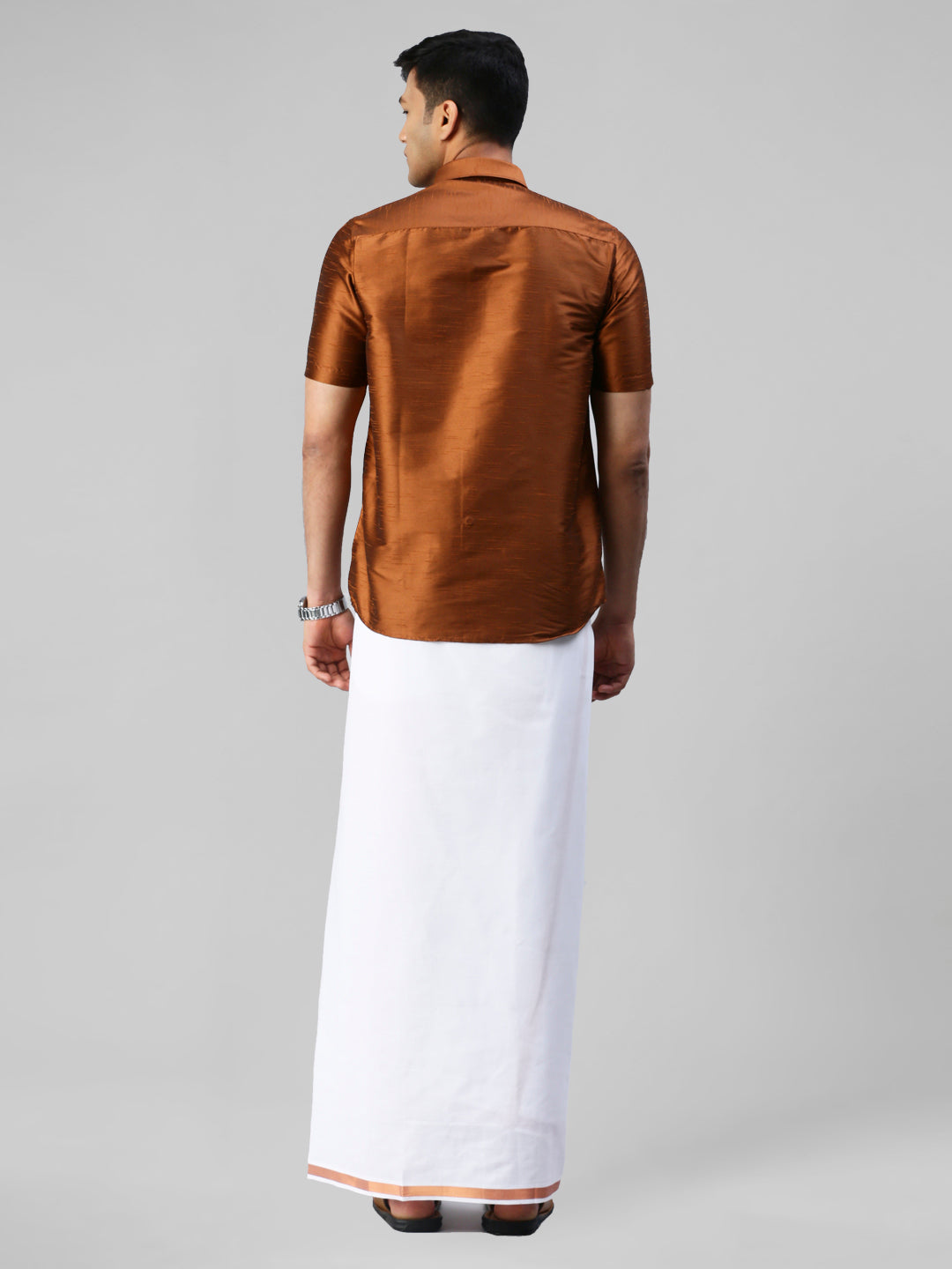 Mens Copper Half Sleeves Shirt with Jari Dhoti Set Glory