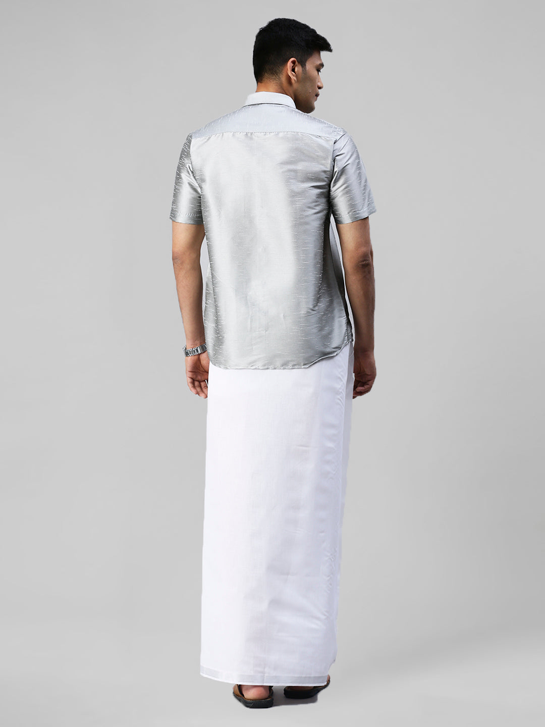 Mens Silver Half Sleeves Shirt with Jari Dhoti Set Glory