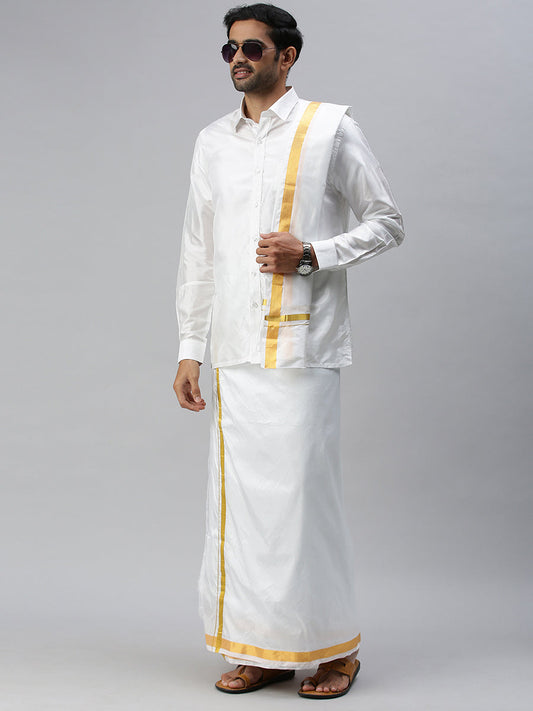 Mens Silk White Wedding Set 1" Dhoti+Towel+Shirt Subha Vaibhavaa