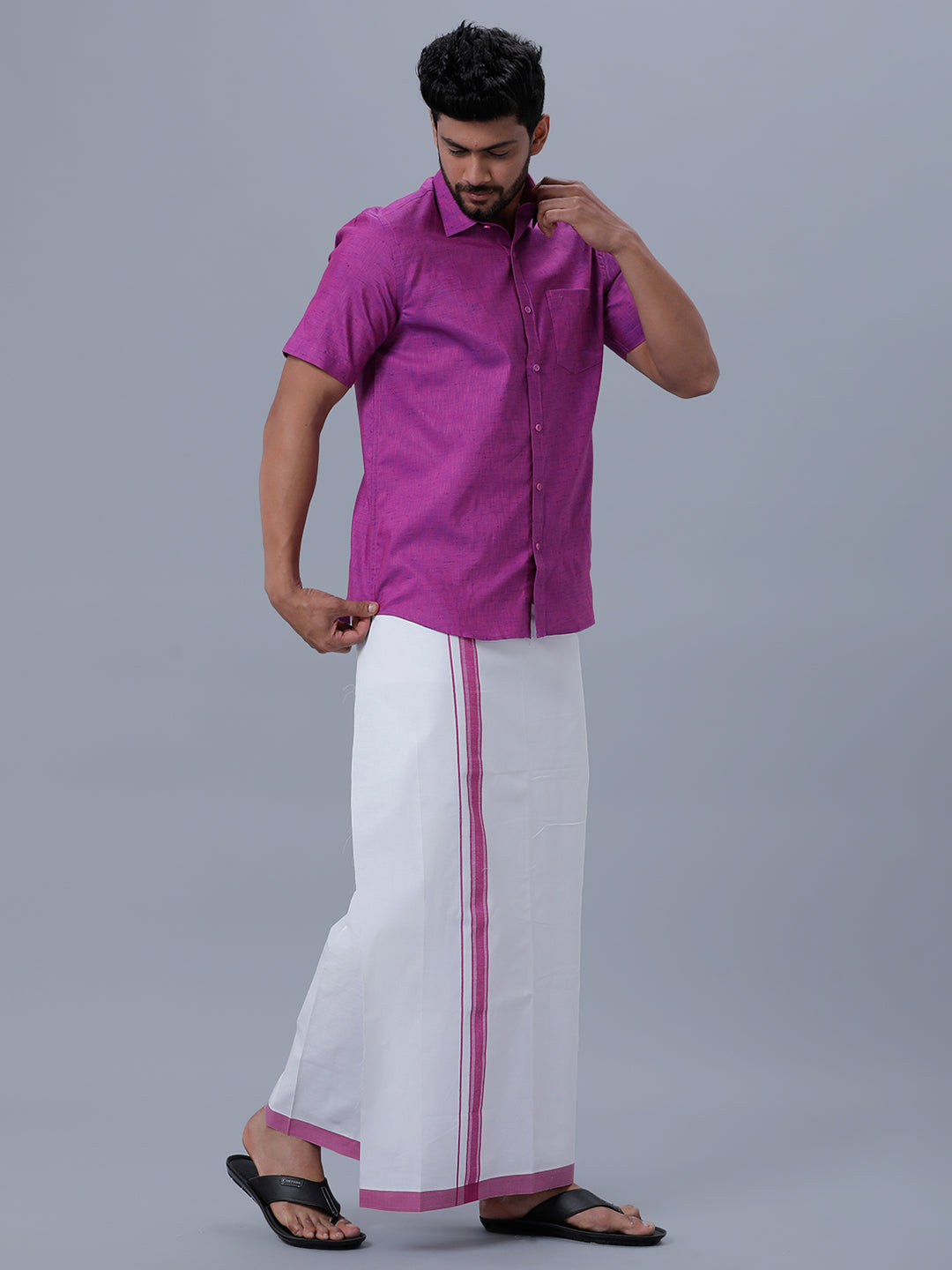 Mens Matching Border Adjustable Dhoti & Half Sleeves Shirt Set C49