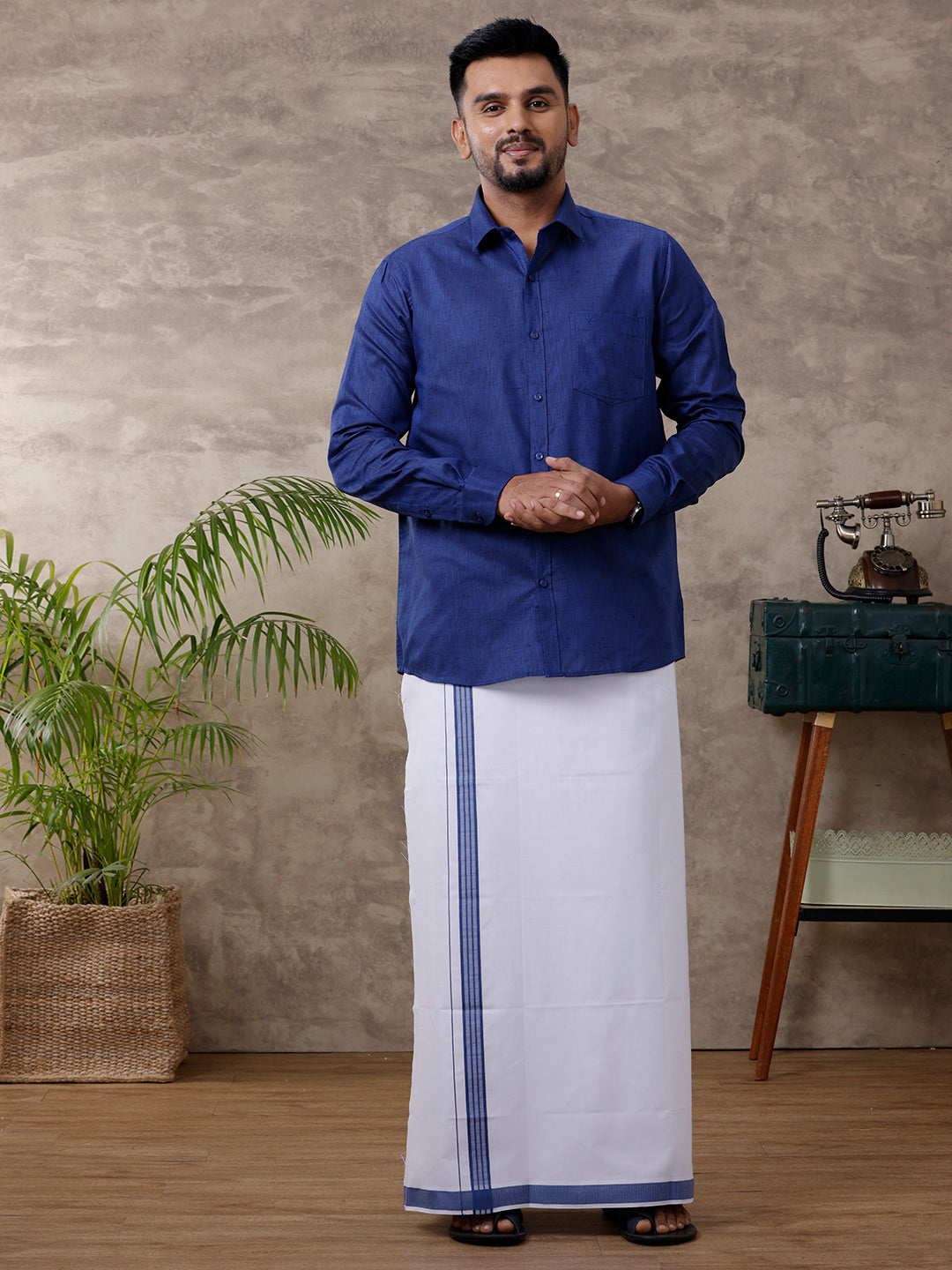 Mens Matching Border Dhoti & Shirt Set Full Blue C80